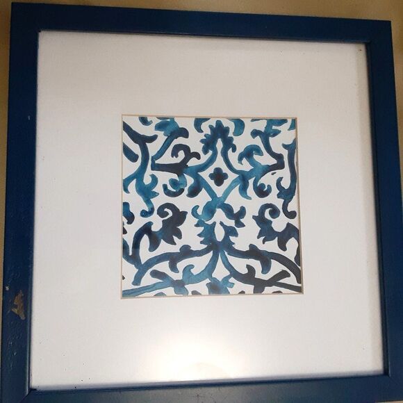 Indigo blue porcelain tile style print paper 4"X5" framed 8"X10" good condiion - - Picture 1 of 5